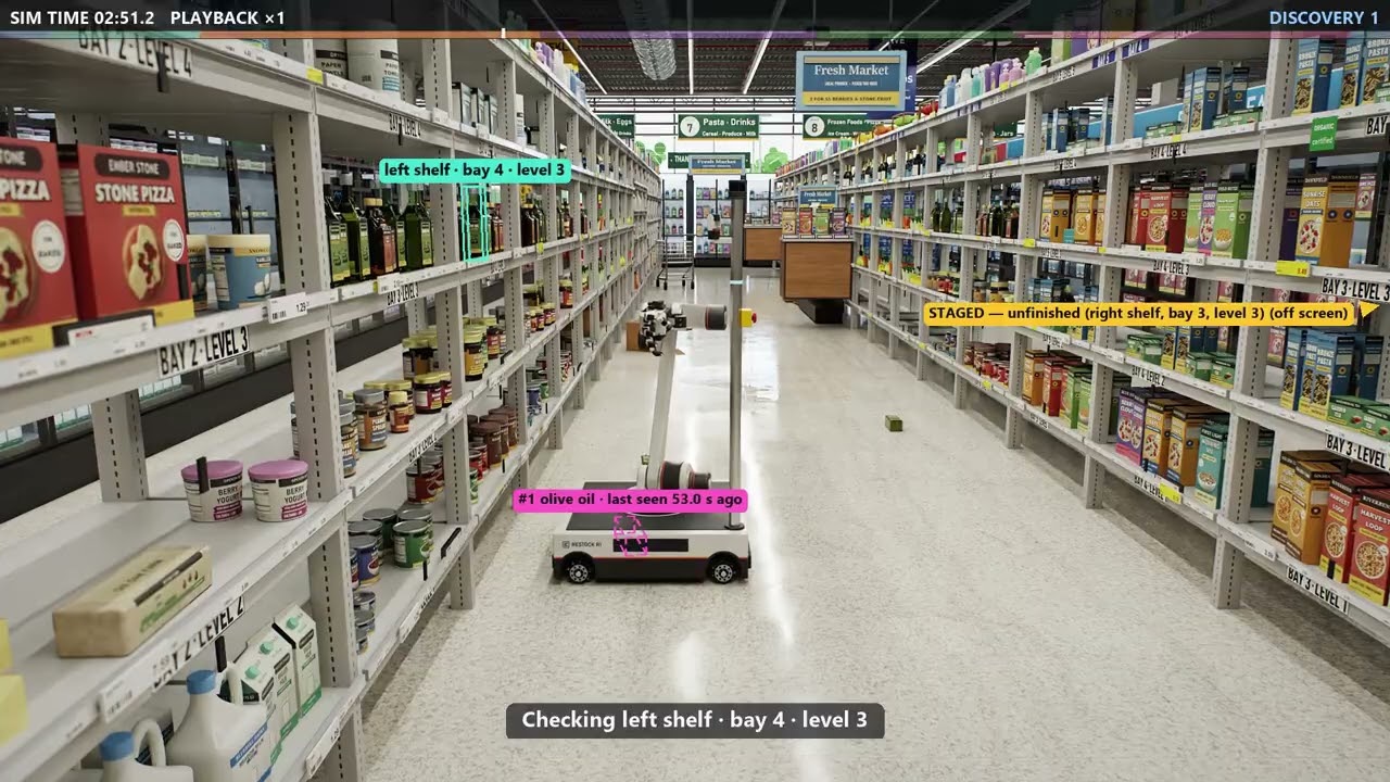 Cinematic view of the robot restocking grocery shelves in simulation